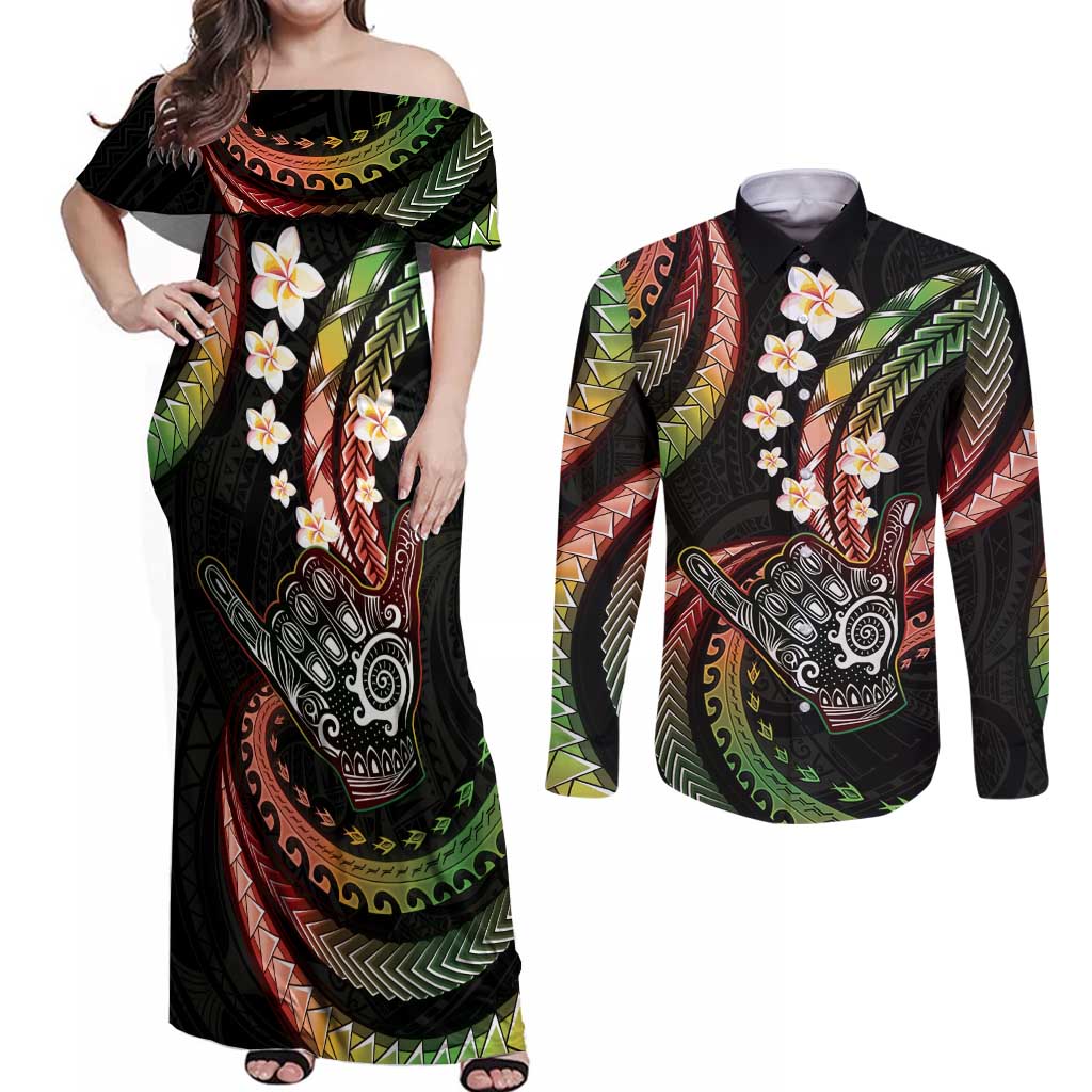 Hawaii Shaka Sign Couples Matching Off Shoulder Maxi Dress and Long Sleeve Button Shirt Fantastic Frangipani Reggae LT01 Reggae - Polynesian Pride