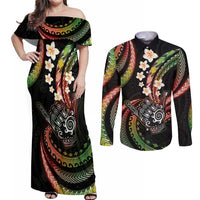Hawaii Shaka Sign Couples Matching Off Shoulder Maxi Dress and Long Sleeve Button Shirt Fantastic Frangipani Reggae LT01 Reggae - Polynesian Pride