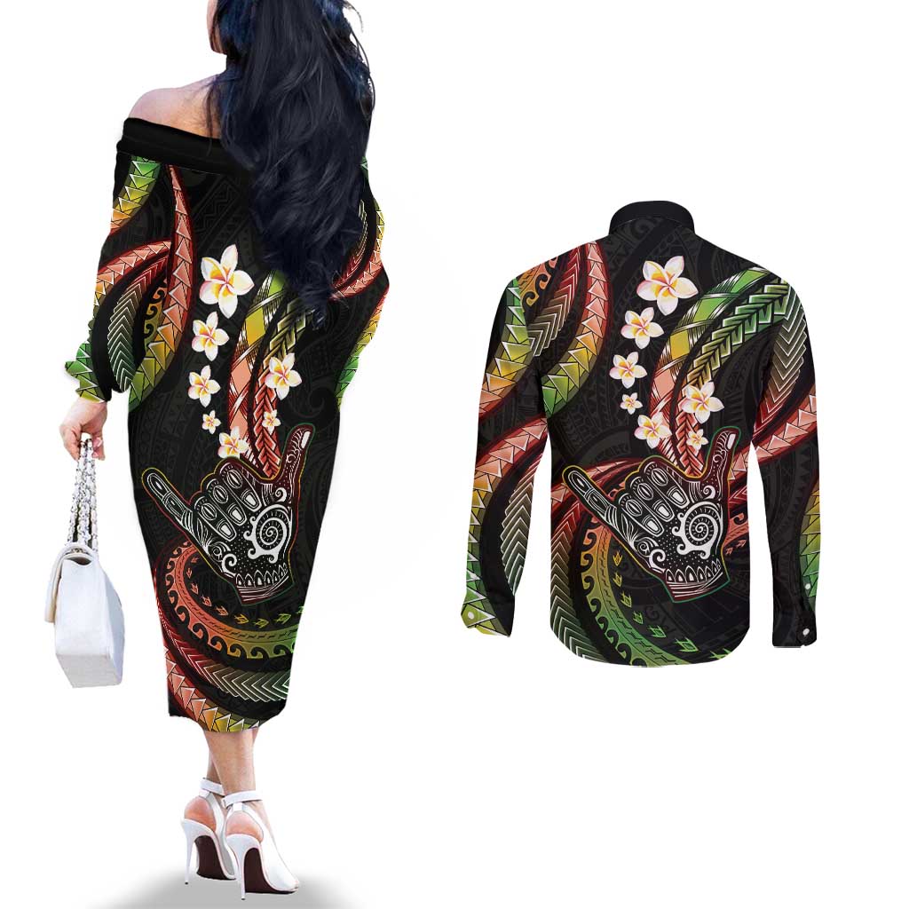 Hawaii Shaka Sign Couples Matching Off The Shoulder Long Sleeve Dress and Long Sleeve Button Shirt Fantastic Frangipani Reggae