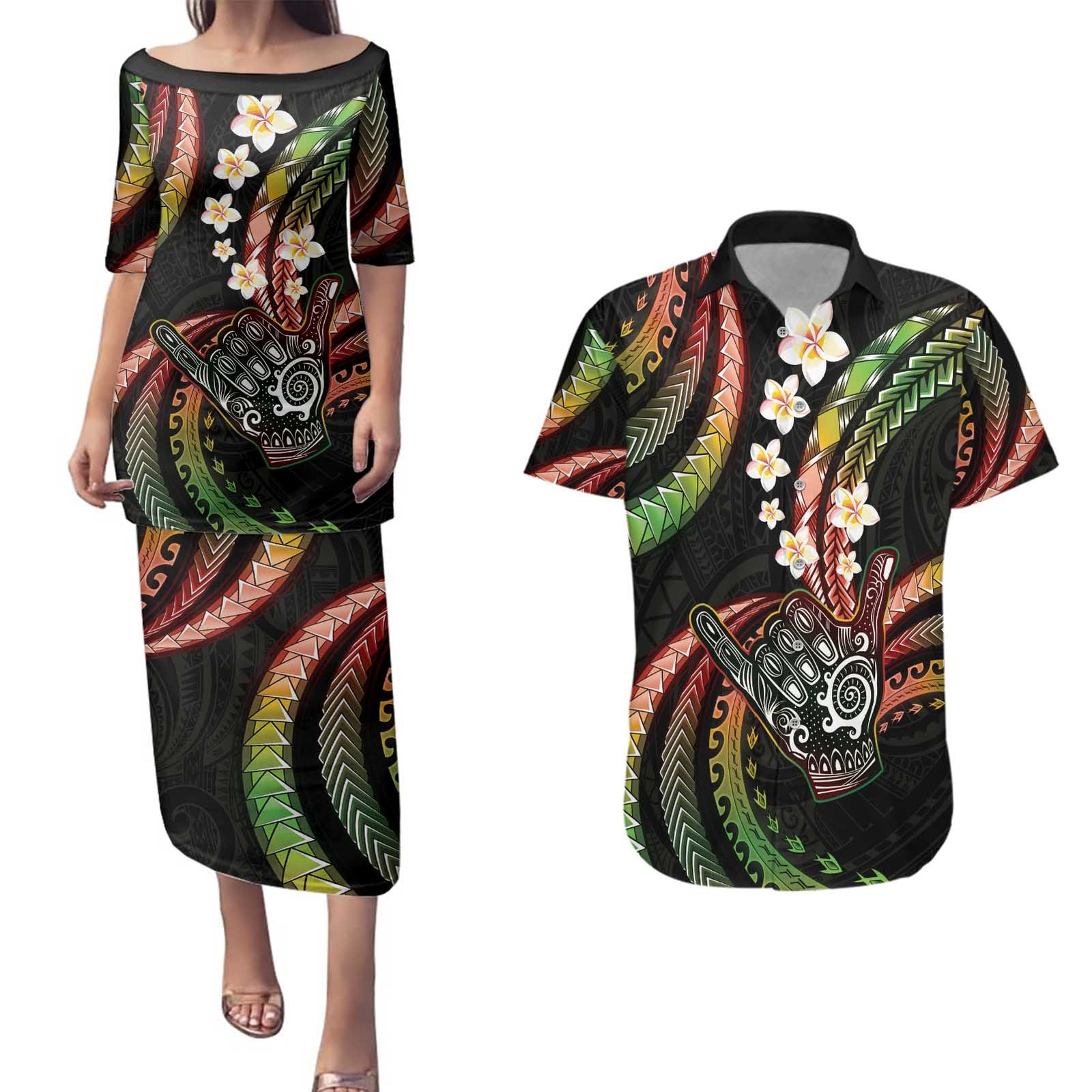 Hawaii Shaka Sign Couples Matching Puletasi and Hawaiian Shirt Fantastic Frangipani Reggae LT01 Reggae - Polynesian Pride