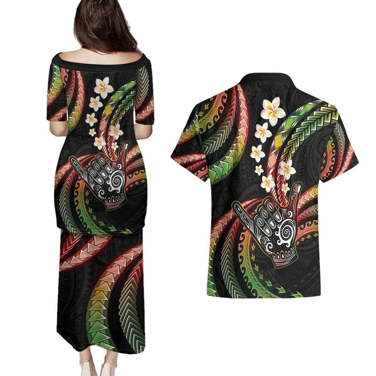 Hawaii Shaka Sign Couples Matching Puletasi and Hawaiian Shirt Fantastic Frangipani Reggae LT01 - Polynesian Pride