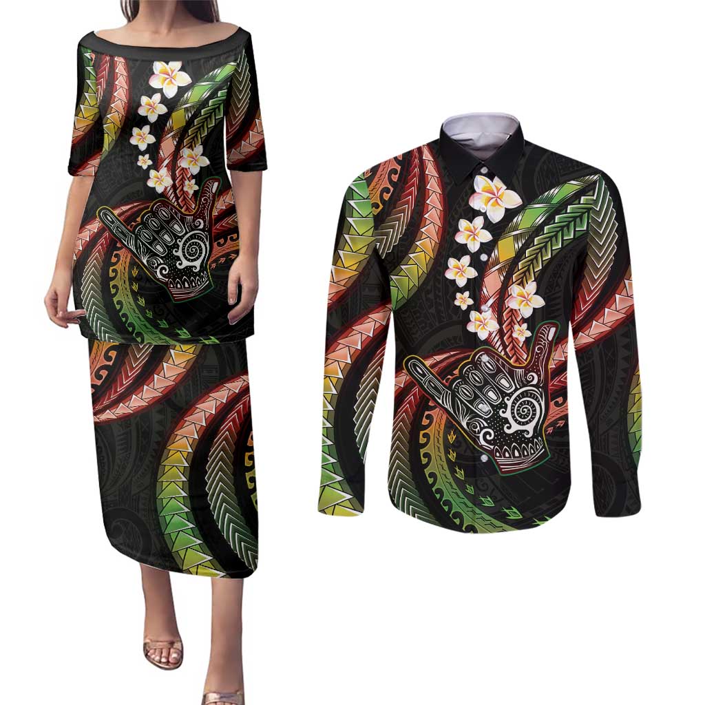 Hawaii Shaka Sign Couples Matching Puletasi and Long Sleeve Button Shirt Fantastic Frangipani Reggae LT01 Reggae - Polynesian Pride