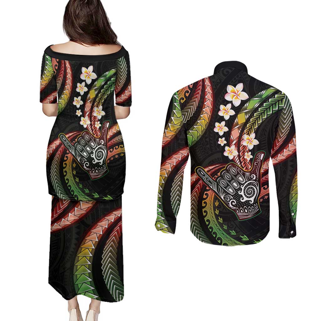 Hawaii Shaka Sign Couples Matching Puletasi and Long Sleeve Button Shirt Fantastic Frangipani Reggae LT01 - Polynesian Pride