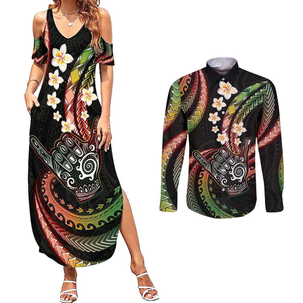 Hawaii Shaka Sign Couples Matching Summer Maxi Dress and Long Sleeve Button Shirt Fantastic Frangipani Reggae LT01 Reggae - Polynesian Pride