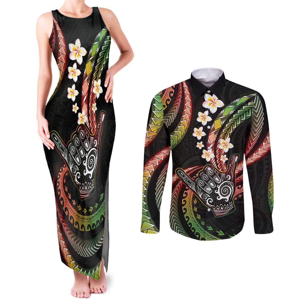 Hawaii Shaka Sign Couples Matching Tank Maxi Dress and Long Sleeve Button Shirt Fantastic Frangipani Reggae LT01 Reggae - Polynesian Pride