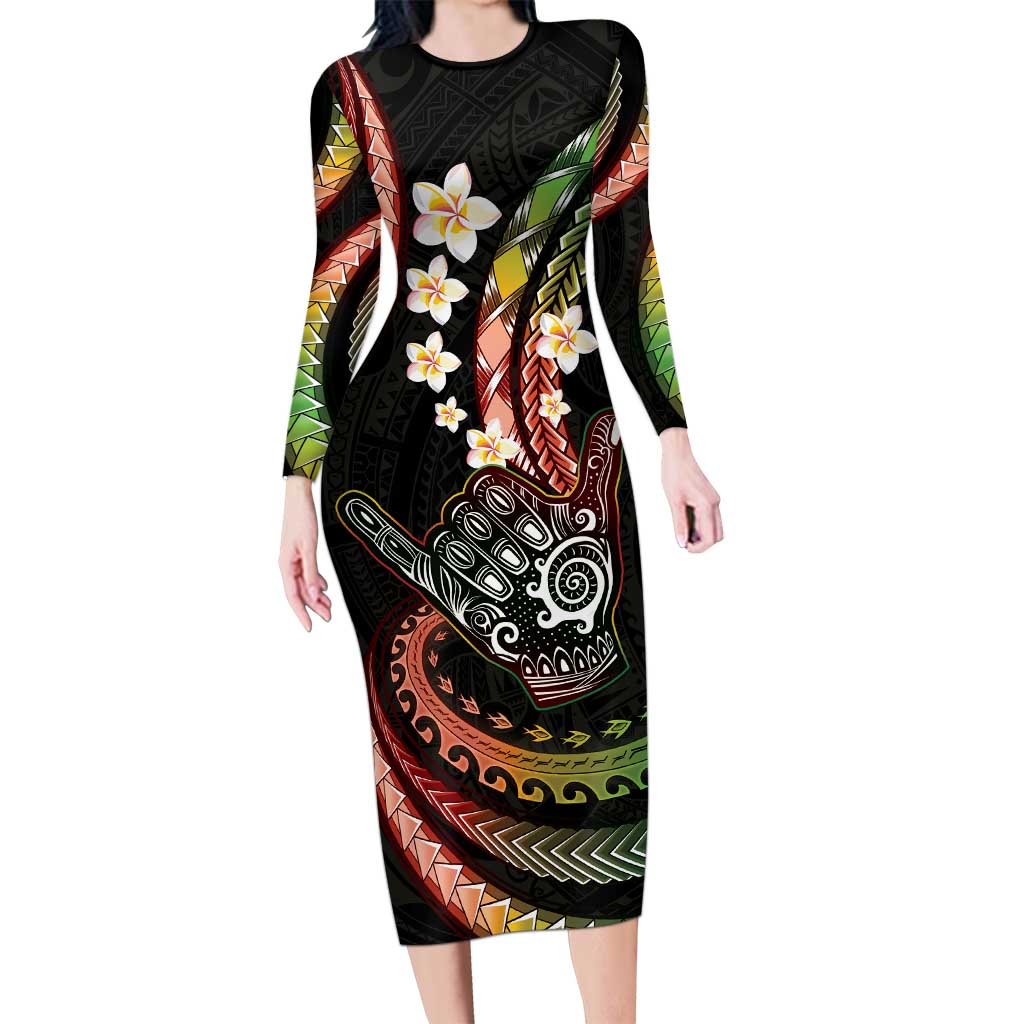 Hawaii Shaka Sign Family Matching Long Sleeve Bodycon Dress and Hawaiian Shirt Fantastic Frangipani Reggae
