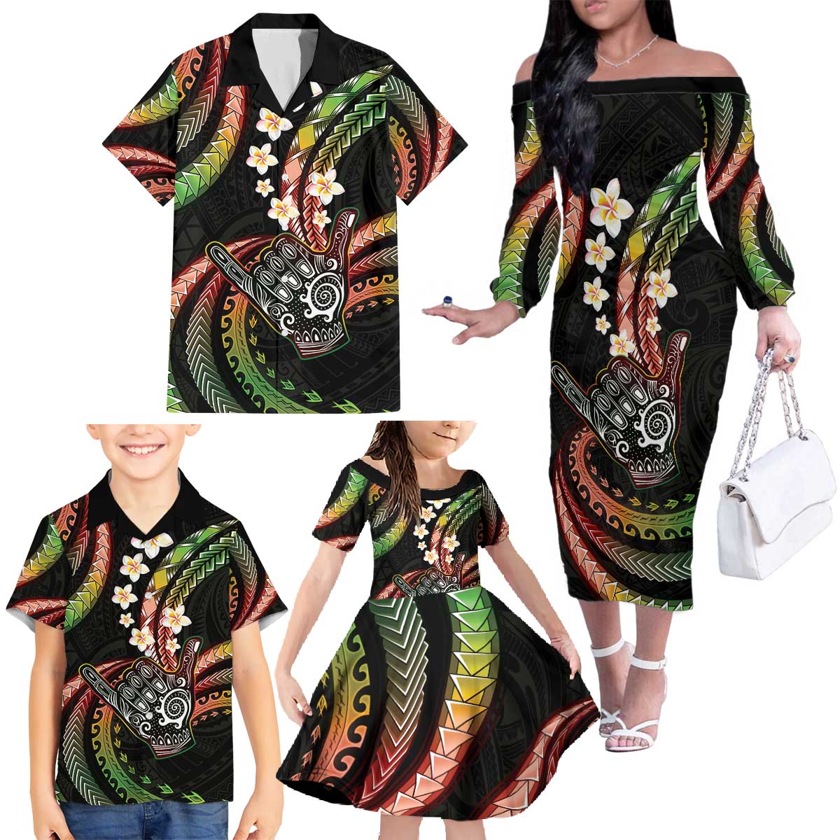 Hawaii Shaka Sign Family Matching Off The Shoulder Long Sleeve Dress and Hawaiian Shirt Fantastic Frangipani Reggae