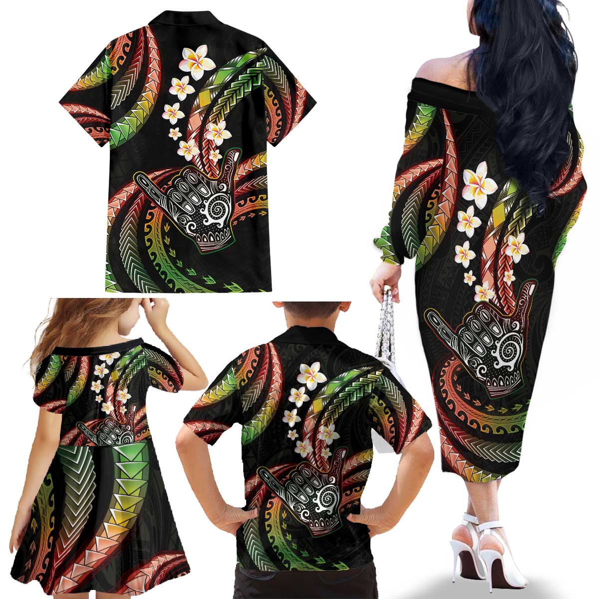 Hawaii Shaka Sign Family Matching Off The Shoulder Long Sleeve Dress and Hawaiian Shirt Fantastic Frangipani Reggae