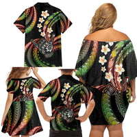 Hawaii Shaka Sign Family Matching Off Shoulder Short Dress and Hawaiian Shirt Fantastic Frangipani Reggae
