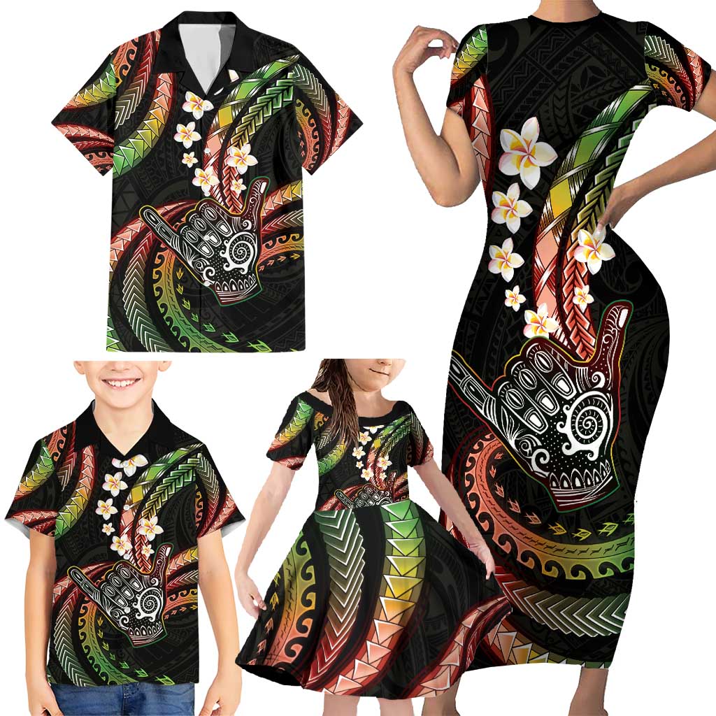Hawaii Shaka Sign Family Matching Short Sleeve Bodycon Dress and Hawaiian Shirt Fantastic Frangipani Reggae