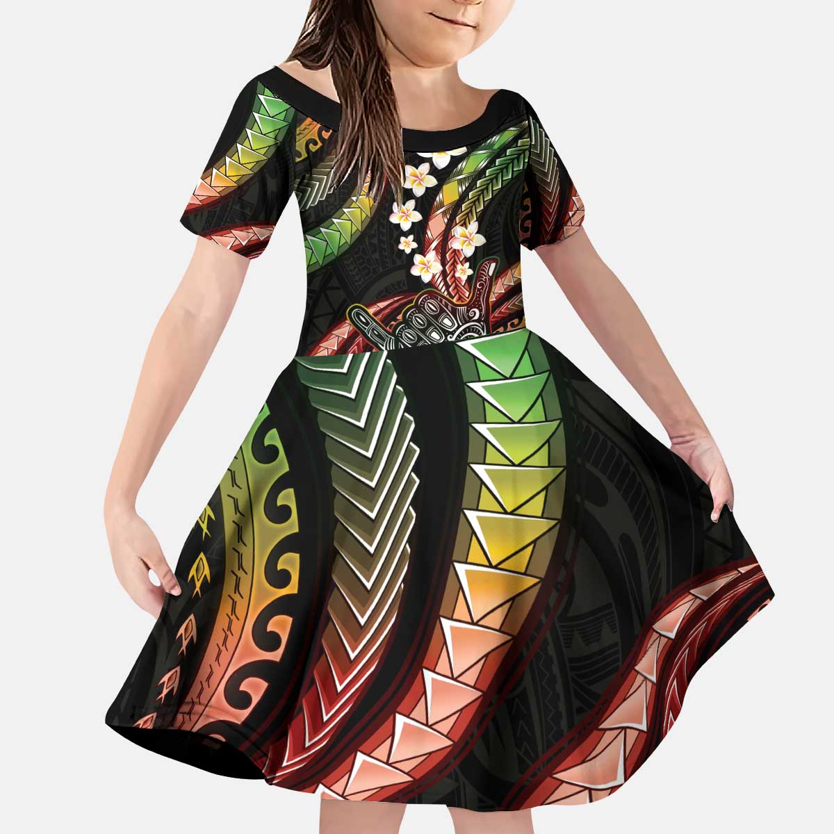 Hawaii Shaka Sign Kid Short Sleeve Dress Fantastic Frangipani Reggae LT01 KID Reggae - Polynesian Pride