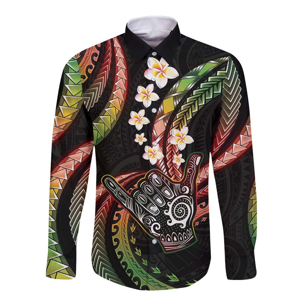 Hawaii Shaka Sign Long Sleeve Button Shirt Fantastic Frangipani Reggae LT01 Unisex Reggae - Polynesian Pride
