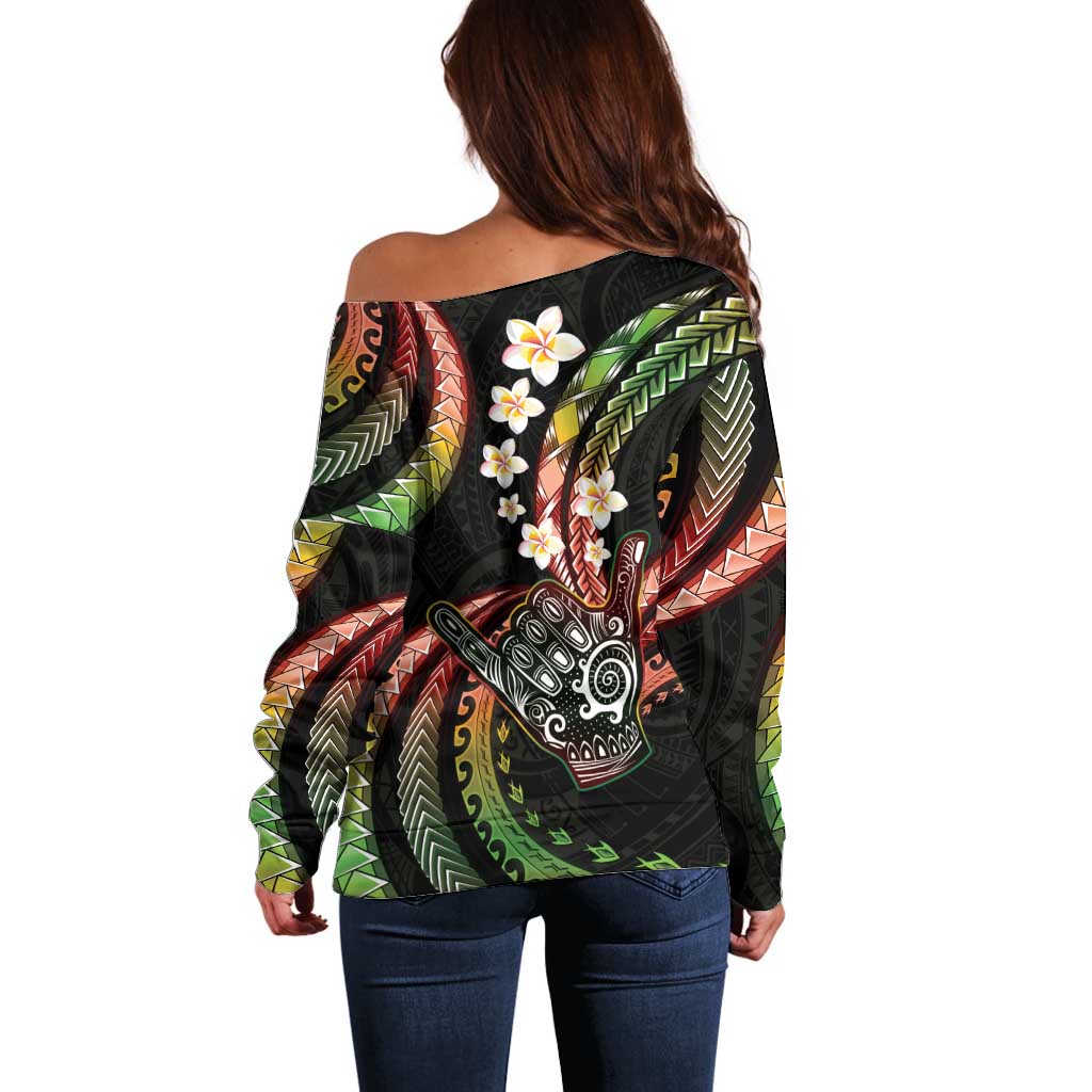 Hawaii Shaka Sign Off Shoulder Sweater Fantastic Frangipani Reggae