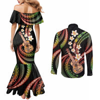 Hawaiian Ukulele Couples Matching Mermaid Dress and Long Sleeve Button Shirt Jawaiian Fantastic Plumeria