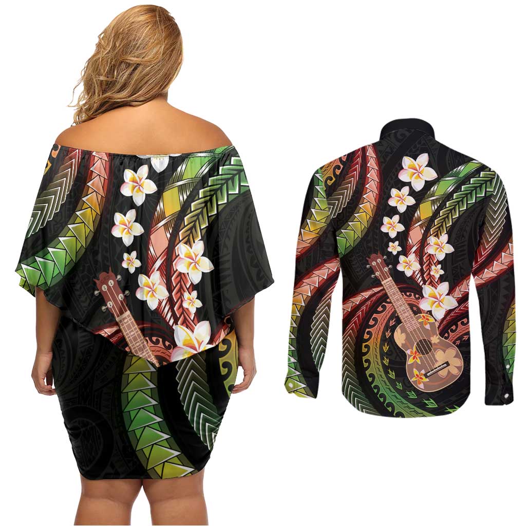 Hawaiian Ukulele Couples Matching Off Shoulder Short Dress and Long Sleeve Button Shirt Jawaiian Fantastic Plumeria