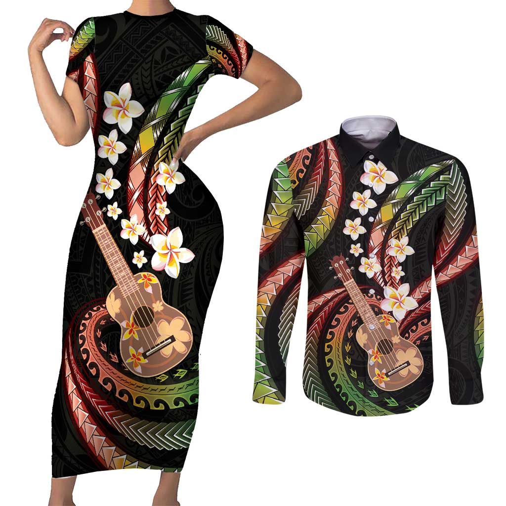 Hawaiian Ukulele Couples Matching Short Sleeve Bodycon Dress and Long Sleeve Button Shirt Jawaiian Fantastic Plumeria