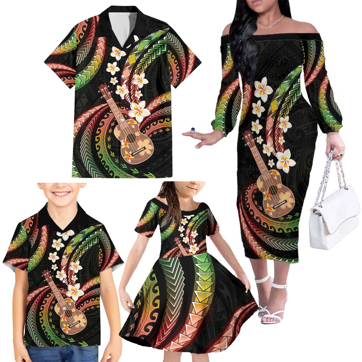Hawaiian Ukulele Family Matching Off The Shoulder Long Sleeve Dress and Hawaiian Shirt Jawaiian Fantastic Plumeria