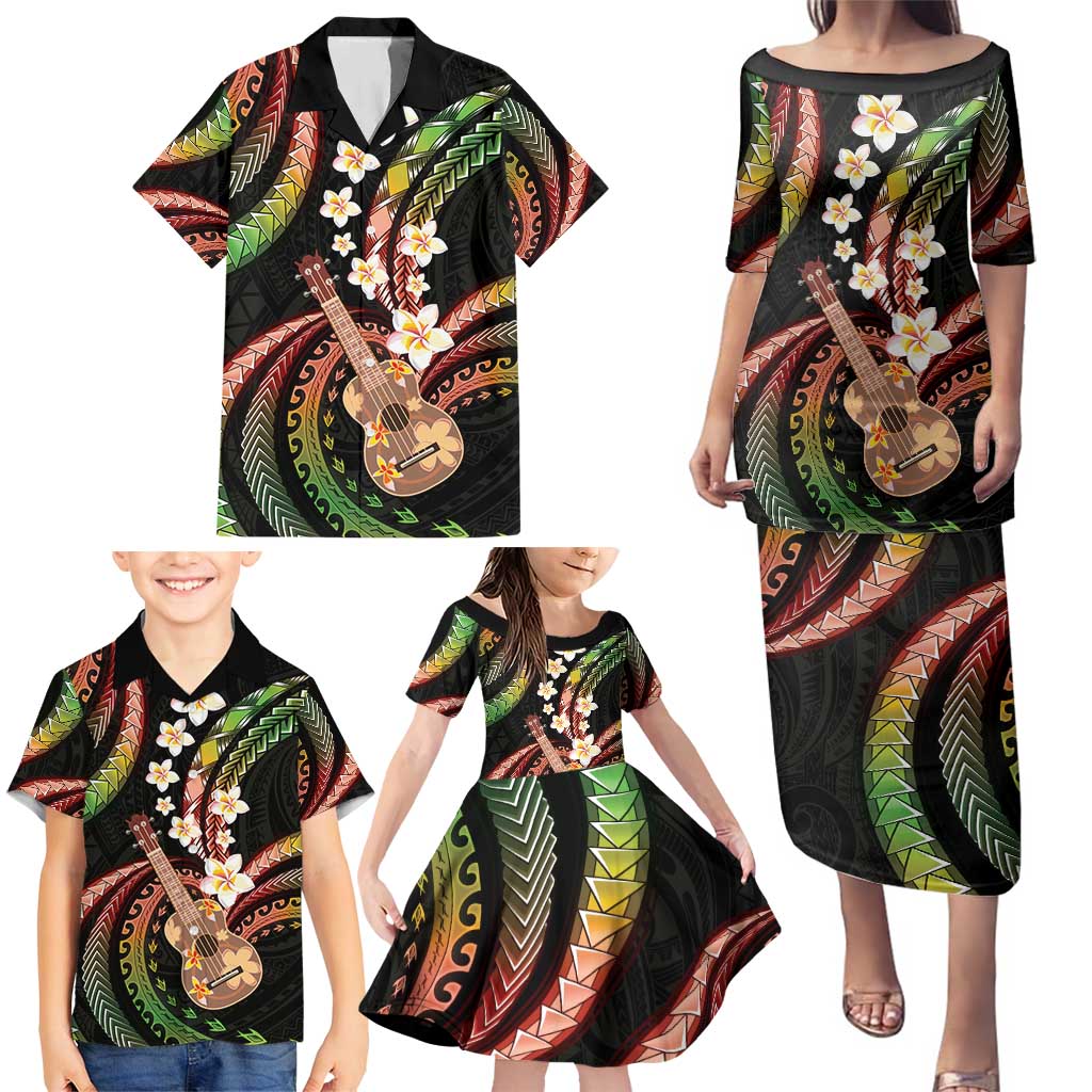 Hawaiian Ukulele Family Matching Puletasi and Hawaiian Shirt Jawaiian Fantastic Plumeria