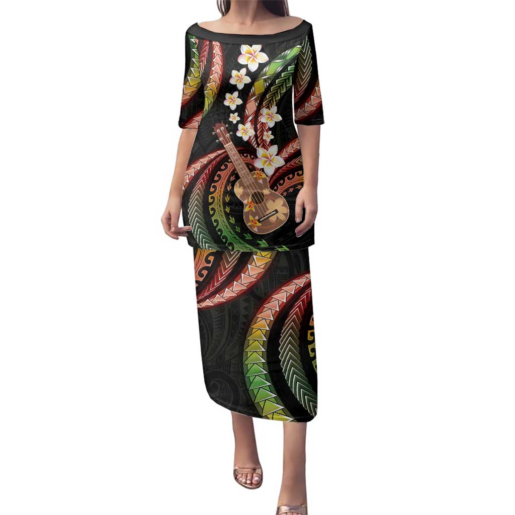 Hawaiian Ukulele Family Matching Puletasi and Hawaiian Shirt Jawaiian Fantastic Plumeria