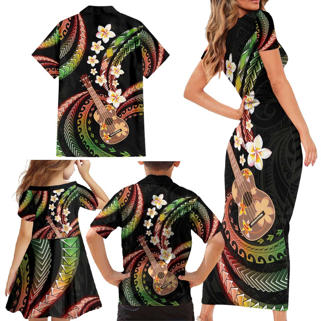 Hawaiian Ukulele Family Matching Short Sleeve Bodycon Dress and Hawaiian Shirt Jawaiian Fantastic Plumeria