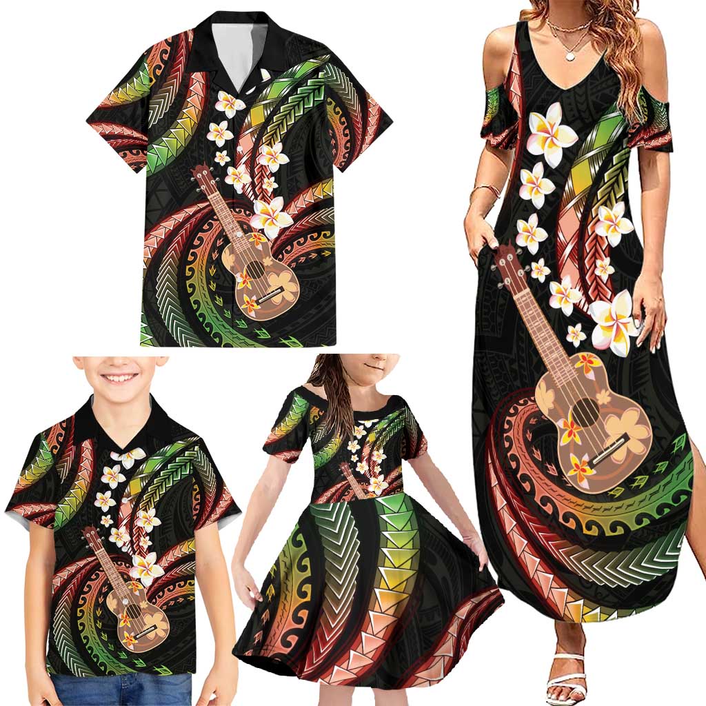 Hawaiian Ukulele Family Matching Summer Maxi Dress and Hawaiian Shirt Jawaiian Fantastic Plumeria