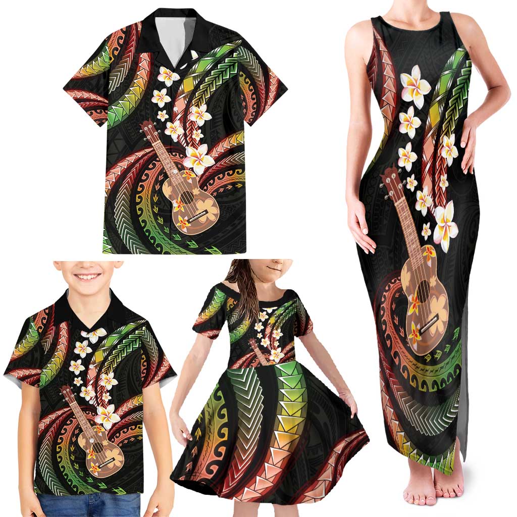 Hawaiian Ukulele Family Matching Tank Maxi Dress and Hawaiian Shirt Jawaiian Fantastic Plumeria