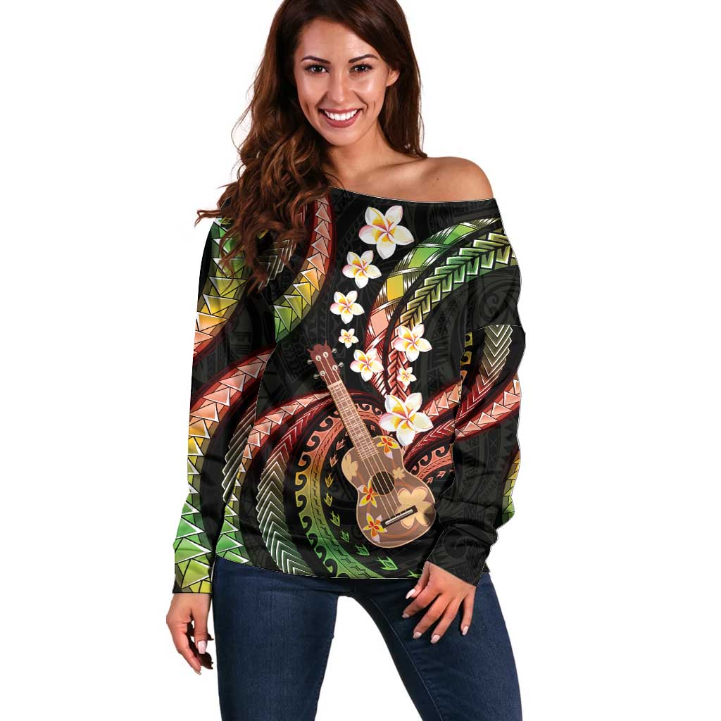 Hawaiian Ukulele Off Shoulder Sweater Jawaiian Fantastic Plumeria