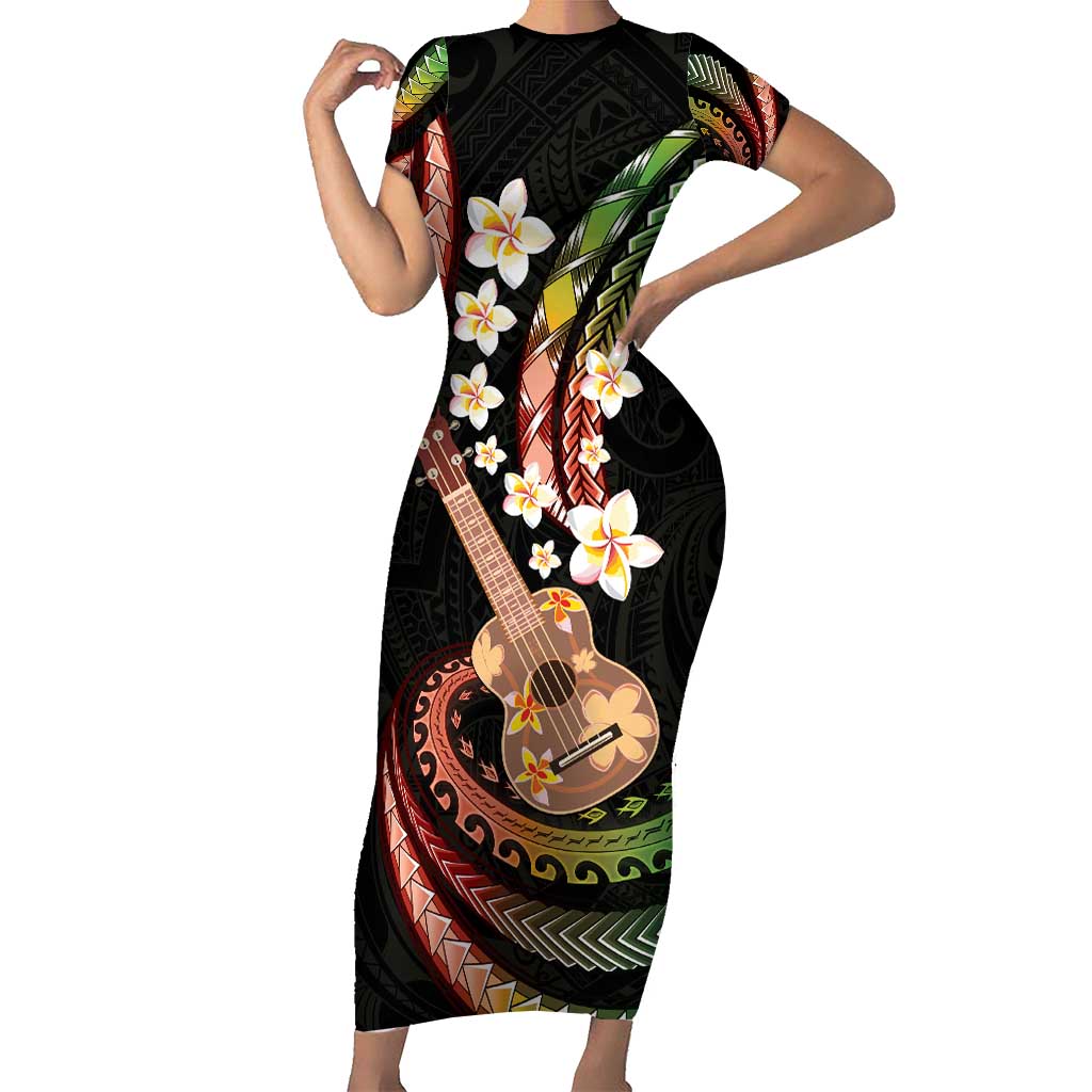 Hawaiian Ukulele Short Sleeve Bodycon Dress Jawaiian Fantastic Plumeria