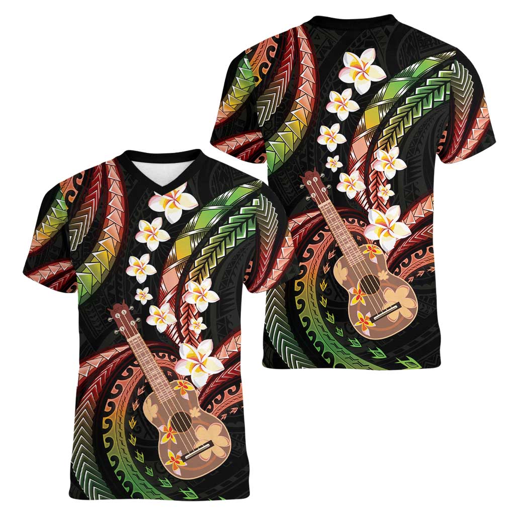 Hawaiian Ukulele Women V-Neck T-Shirt Jawaiian Fantastic Plumeria