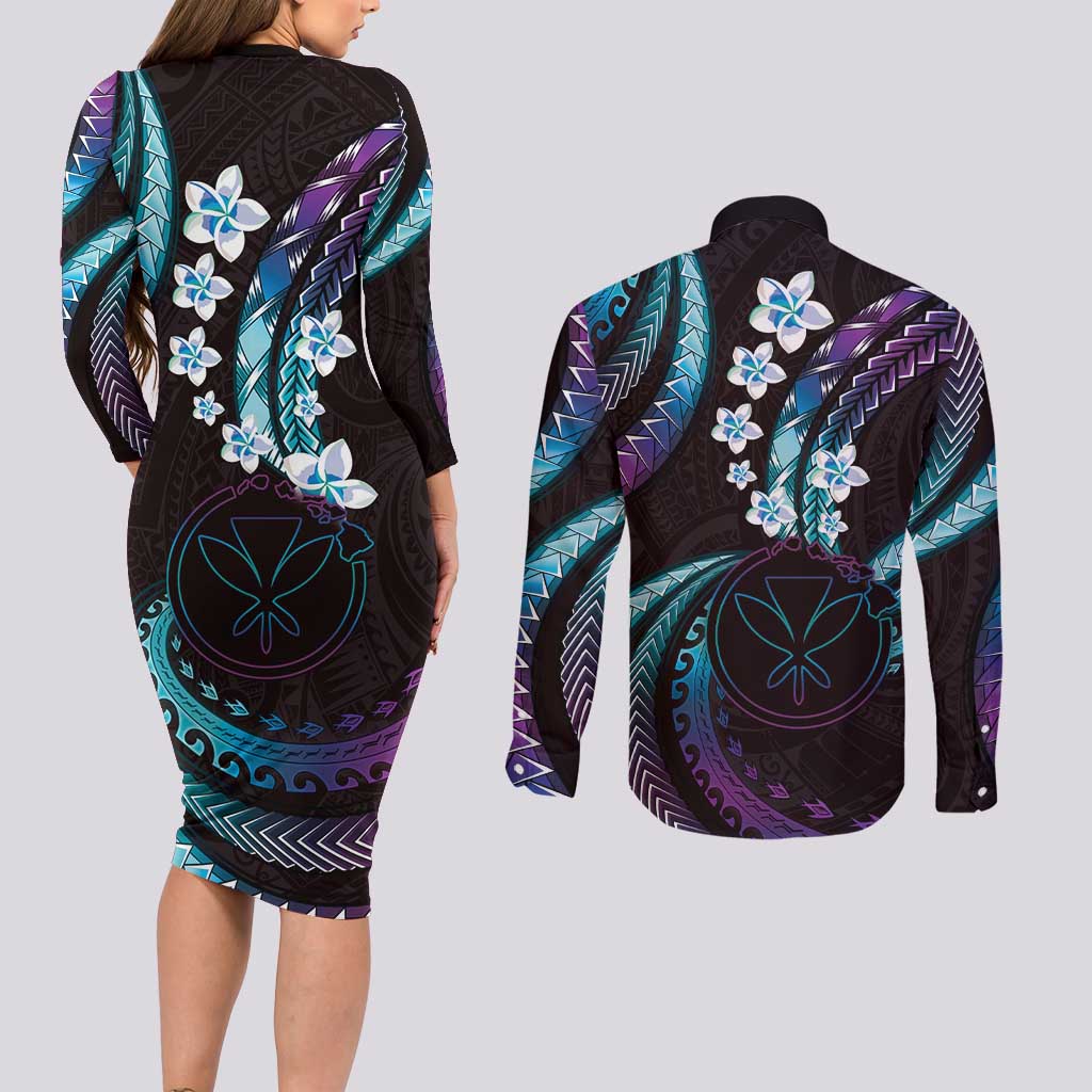 Hawaii Map Kanaka Maoli Couples Matching Long Sleeve Bodycon Dress and Long Sleeve Button Shirt Fantastic Frangipani Amethyst Gradient