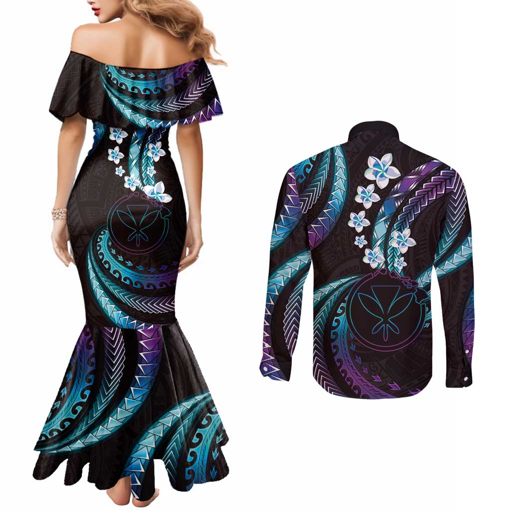 Hawaii Map Kanaka Maoli Couples Matching Mermaid Dress and Long Sleeve Button Shirt Fantastic Frangipani Amethyst Gradient