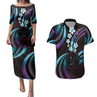 Hawaii Map Kanaka Maoli Couples Matching Puletasi and Hawaiian Shirt Fantastic Frangipani Amethyst Gradient