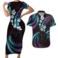 Hawaii Map Kanaka Maoli Couples Matching Short Sleeve Bodycon Dress and Hawaiian Shirt Fantastic Frangipani Amethyst Gradient