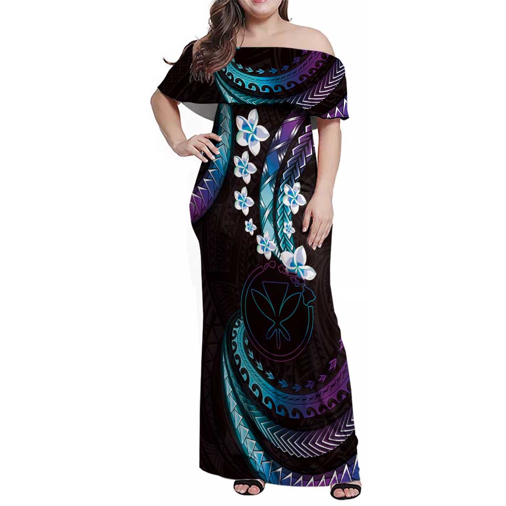 Hawaii Map Kanaka Maoli Family Matching Off Shoulder Maxi Dress and Hawaiian Shirt Fantastic Frangipani Amethyst Gradient