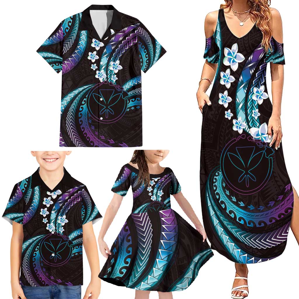 Hawaii Map Kanaka Maoli Family Matching Summer Maxi Dress and Hawaiian Shirt Fantastic Frangipani Amethyst Gradient