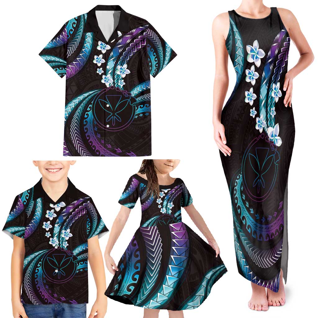 Hawaii Map Kanaka Maoli Family Matching Tank Maxi Dress and Hawaiian Shirt Fantastic Frangipani Amethyst Gradient