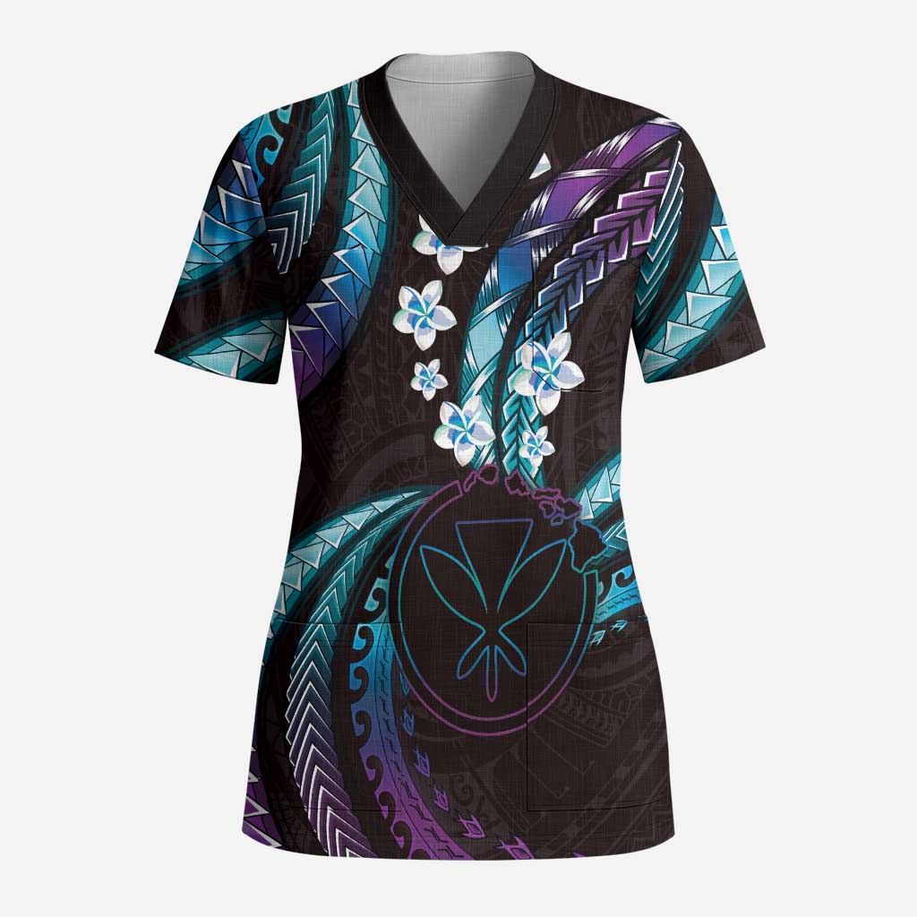 Hawaii Map Kanaka Maoli Scrub Top Fantastic Frangipani Amethyst Gradient - Polynesian Pride