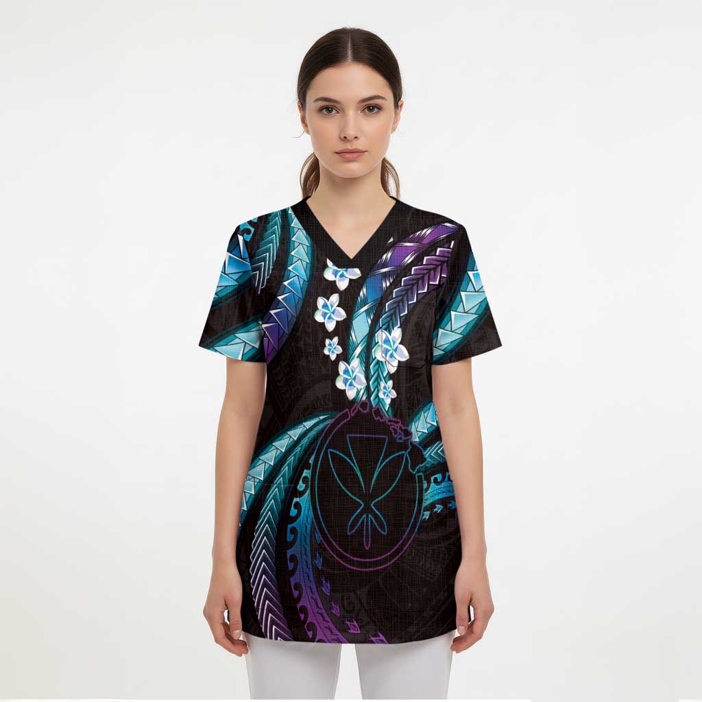 Hawaii Map Kanaka Maoli Scrub Top Fantastic Frangipani Amethyst Gradient - Polynesian Pride