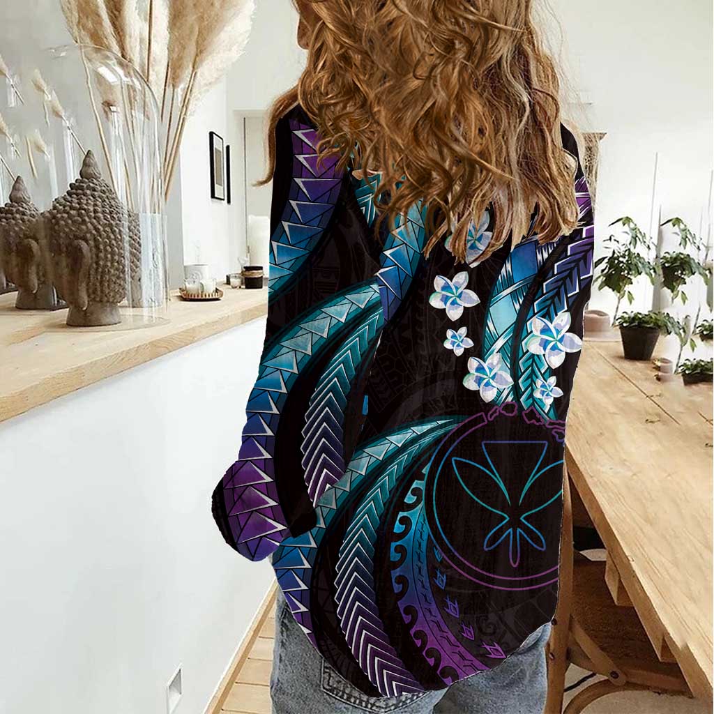 Hawaii Map Kanaka Maoli Women Casual Shirt Fantastic Frangipani Amethyst Gradient