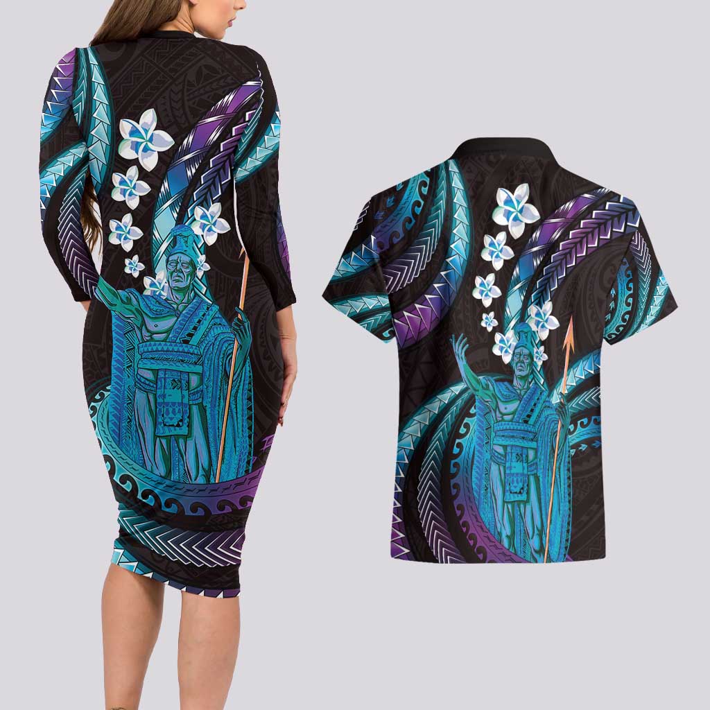 Hawaii King Kamehameha Couples Matching Long Sleeve Bodycon Dress and Hawaiian Shirt Fantastic Plumeria Amethyst Gradient