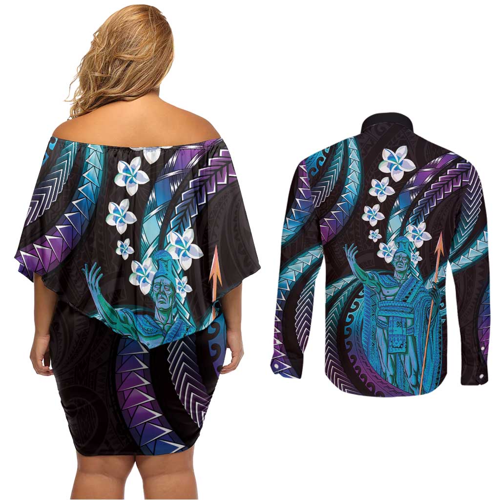 Hawaii King Kamehameha Couples Matching Off Shoulder Short Dress and Long Sleeve Button Shirt Fantastic Plumeria Amethyst Gradient
