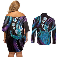 Hawaii King Kamehameha Couples Matching Off Shoulder Short Dress and Long Sleeve Button Shirt Fantastic Plumeria Amethyst Gradient