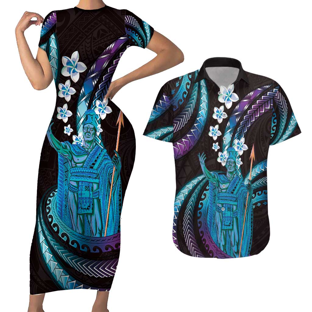 Hawaii King Kamehameha Couples Matching Short Sleeve Bodycon Dress and Hawaiian Shirt Fantastic Plumeria Amethyst Gradient