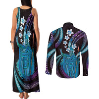 Hawaii King Kamehameha Couples Matching Tank Maxi Dress and Long Sleeve Button Shirt Fantastic Plumeria Amethyst Gradient