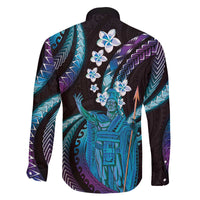 Hawaii King Kamehameha Family Matching Off The Shoulder Long Sleeve Dress and Hawaiian Shirt Fantastic Plumeria Amethyst Gradient
