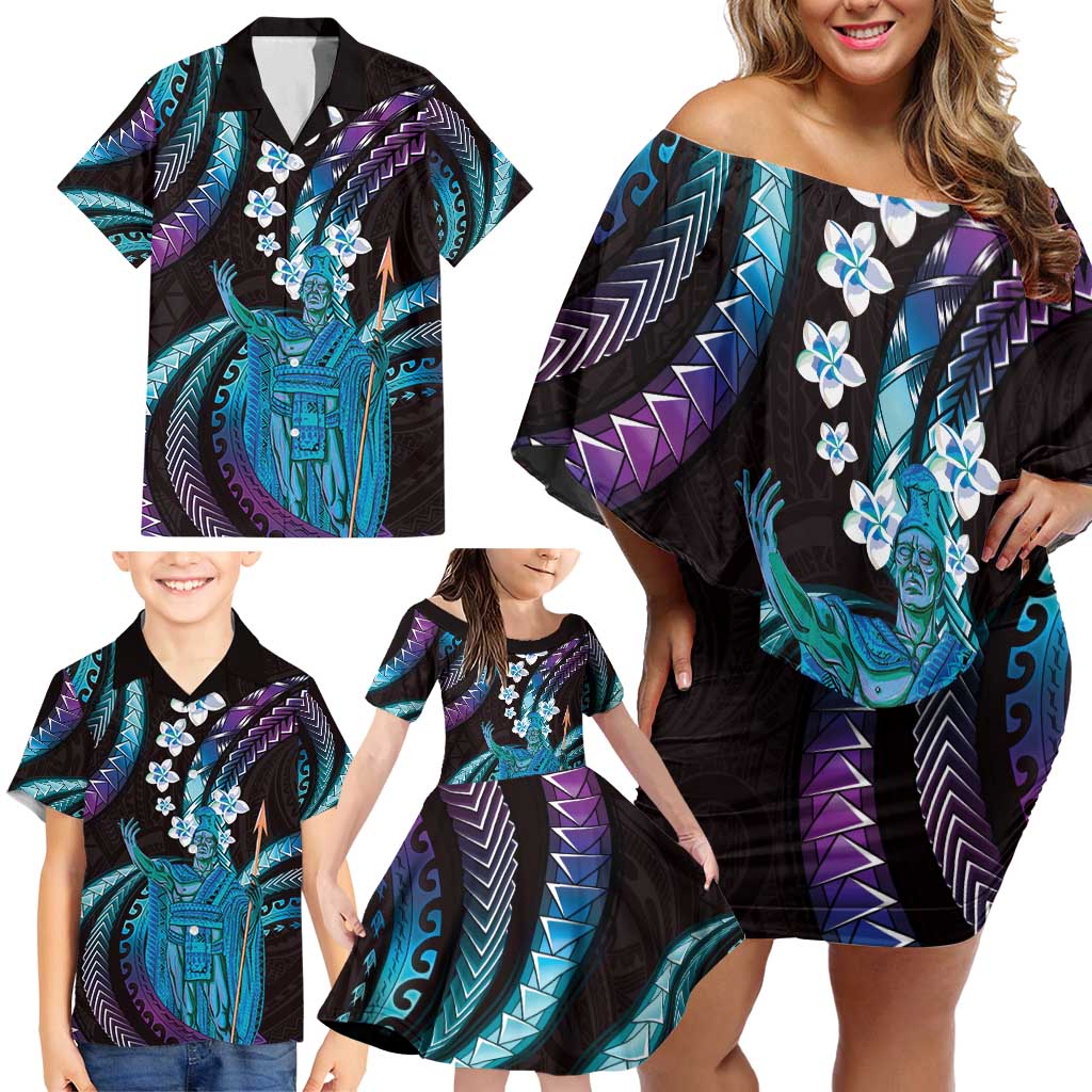 Hawaii King Kamehameha Family Matching Off Shoulder Short Dress and Hawaiian Shirt Fantastic Plumeria Amethyst Gradient