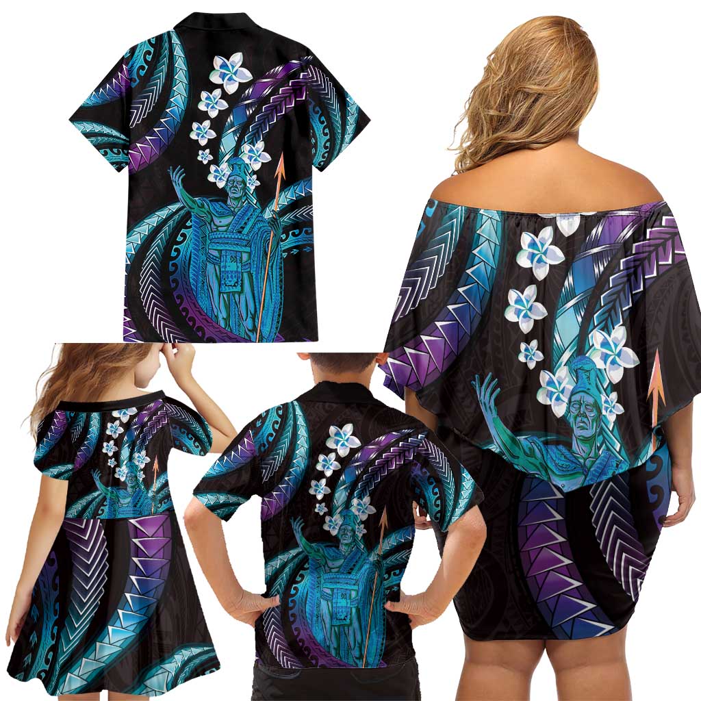 Hawaii King Kamehameha Family Matching Off Shoulder Short Dress and Hawaiian Shirt Fantastic Plumeria Amethyst Gradient