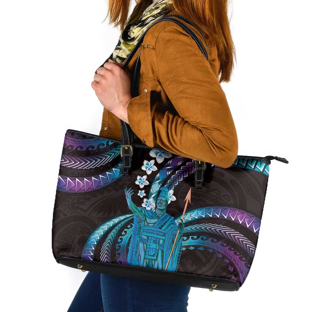 Hawaii King Kamehameha Leather Tote Bag Fantastic Plumeria Amethyst Gradient