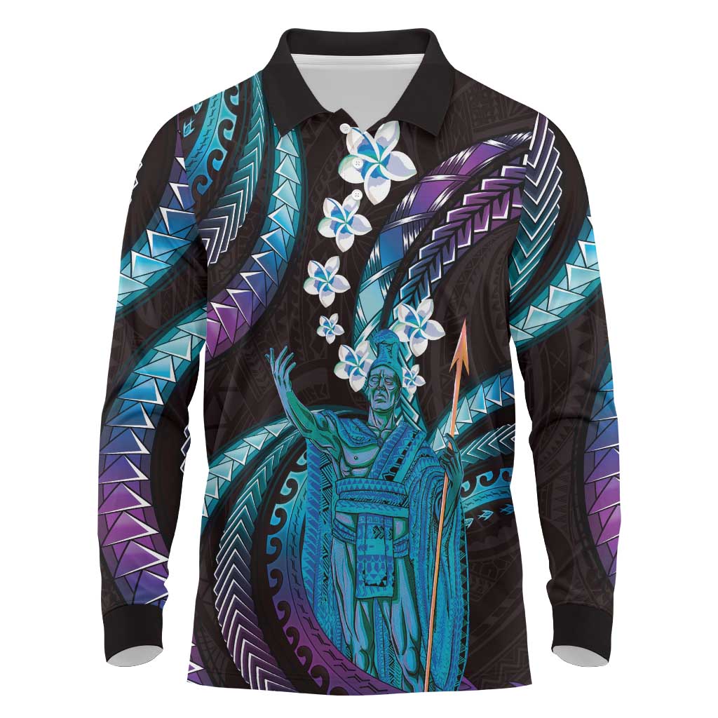 Hawaii King Kamehameha Long Sleeve Polo Shirt Fantastic Plumeria Amethyst Gradient