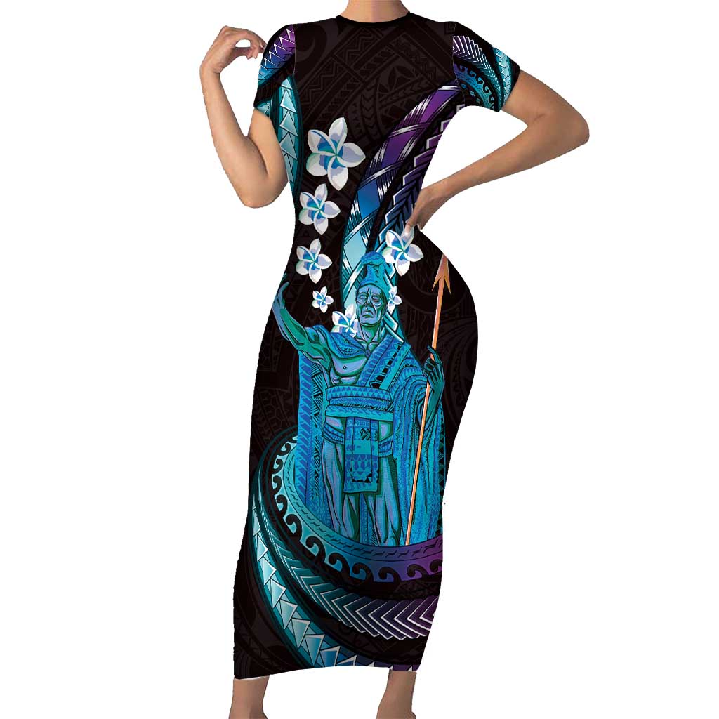 Hawaii King Kamehameha Short Sleeve Bodycon Dress Fantastic Plumeria Amethyst Gradient